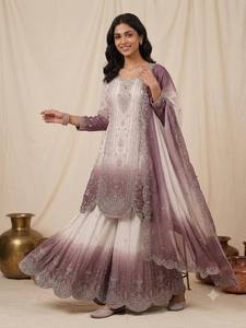 Women Traditional Indian Pakistani Printed <b>Star</b> Georgette Silk Wedding <b>Dress</b> Set Regular Length Purple White Embroidered Ombre - Product Image 2