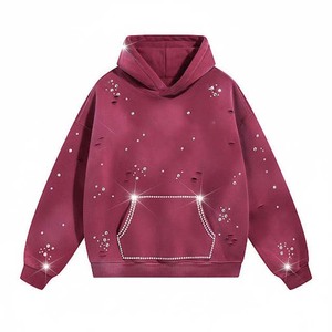 เสื้อฮู้ดโอเวอร์ไซส์ ตกแต่งด้วยคริสตัล สีพื้น มีกระเป๋าหน้า ใส่ได้ทั้งชายและหญิง เหมาะสำหรับฤดูใบไม้ร่วง แขนเสื้อปกติ ผ้าเฟรนช์เทอร์รี่ - Product Image 5