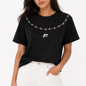 Camiseta de Cuello Redondo con Bordado Floral Personalizada para Mujer, Manga Corta, Informal, Suave, Transpirable, de Poliéster, a la Moda - Product Image 2