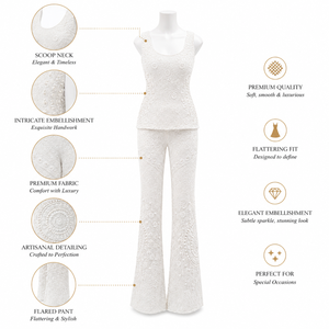 Luxury White Pearl Embroidered Co Ord Set Women | Sleeveless Top <b>Flared</b> Pants Designer Party Wear Wedding Outfit Elegant Fashion - Product Image 2