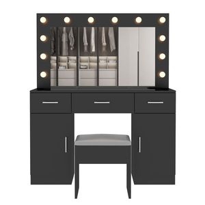 Large Lighted <b>Mirror</b> <b>Makeup</b> Vanity Desk Set with 3 Drawers 2 Cabinets Wood Top Vanity Table for Dressing Power Outlet Included - Product Image 3