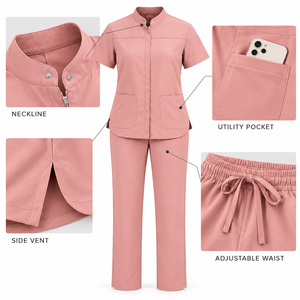 Women Pink Scrub Set Short Sleeve Top With <b>Pockets</b> And Elastic Waist Pants Hospital Uniforms For Medical <b>Staff</b> - Product Image 6