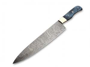 Couteau de chef artisanal en acier Damas avec manche en bois bleu et bolster en laiton pour trancher - Product Image 1