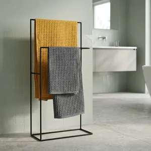 Minimalist Metal <b>Towel</b> Rack Standing Double Tier Matte Black Bathroom Storage Holder Durable <b>Waffle</b> <b>Towel</b> Organizer - Product Image 4
