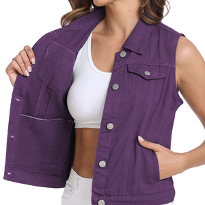 Women's Purple Denim Vest Solid Color Turn-down Collar Button Closure Casual Outer Wear Women's Denim Vest For Sale - Product Image 5
