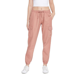 LEAFITS Pantalon de jogging cargo pour femme en toile rose poudré doux, coupe-vent, taille élastique, vente en gros Europe, style bohème - Product Image 1