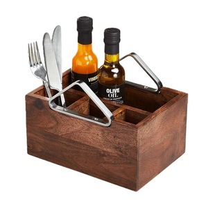 Porte-couverts rectangulaire moderne en bois avec 3 compartiments et poignées métalliques pour le rangement de la vaisselle de cuisine - Product Image 1