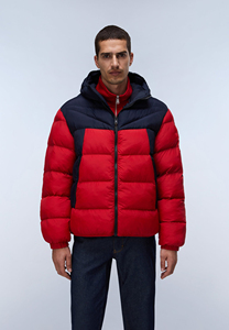 2026 Men's <b>Red</b> And Navy Color Blocking <b>Hooded</b> Puffer <b>Jacket</b> With Zipper Closure Windproof Down Filled Winter Casual Outerwear - Product Image 3
