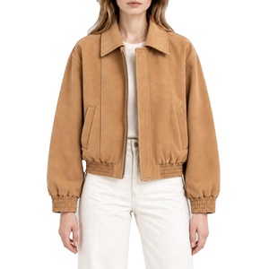 2026 Women's Brown <b>Suede</b> <b>Bomber</b> <b>Jacket</b> Full Sleeve Turn-Down Collar Short Length Solid Color Casual Outerwear <b>Jacket</b> - Product Image 2