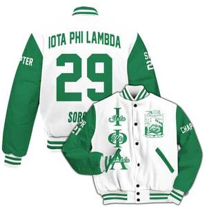 Veste universitaire personnalisée pour femmes Iota Phi Lambda, blanche et vert émeraude, avec lettres, écusson, numéro de sororité et année, style bomber - Product Image 4