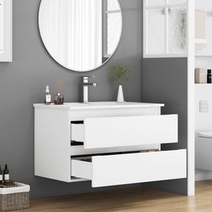 Mobile Bagno Sospeso da 32 Pollici con Doppio Cassetto, Ante Arrotondate, Sistema Soft-Close, Lavabo in Ceramica, Nessun Montaggio Hardware Richiesto - Product Image 5