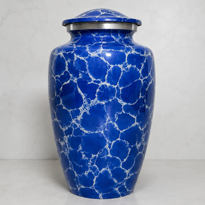 Urna Funeraria de Esmalte Personalizable Estilo Americano Color Azul Fuego Plateado con Adhesivo para Foto Conmemorativa para Cenizas Humanas - Product Image 1