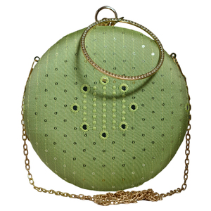 Pochette ronde verte en tissu premium avec intérieur en soie brute, design double face et chaîne de transport - Product Image 1
