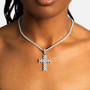 Luxury <b>Iced</b> <b>Out</b> Cross Pendant Necklace White Gold Plated Stainless Steel Round Cut CZ Christian Cross Tennis <b>Chain</b> Jewelry - Product Image 2