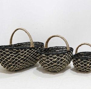Panier de rangement en jonc de mer noir, panier de pique-nique tissé, panier décoratif fait main - Product Image 1