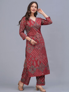 Red Digital Print Cotton Quick Dry Ethnic <b>Kurta</b> Set <b>Women</b> Regular Fit Knee-Length Casual Wear India Pakistan Style All Seasons - Product Image 5