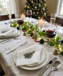 Wholesale Custom <b>White</b> Cotton Dinner Napkin Embroidered Christmas Tree Hemstitch <b>Table</b> Linens for Home Hotel or Events - Product Image 6