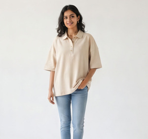 Women Loose Fit Printed Tee Casual 100% Cotton Oversize Turn Down Button Collar Drop Shoulder Short Sleeve <b>Polo</b> Tshirt <b>Ladies</b> - Product Image 6