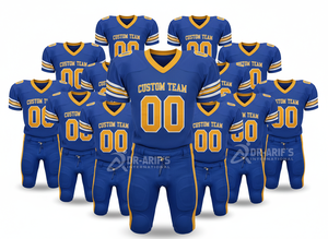 Maillot de football américain personnalisé pour équipe, bleu et jaune, sublimé, col en V, manches courtes, maille respirante, vêtements pour hommes adultes - Product Image 5