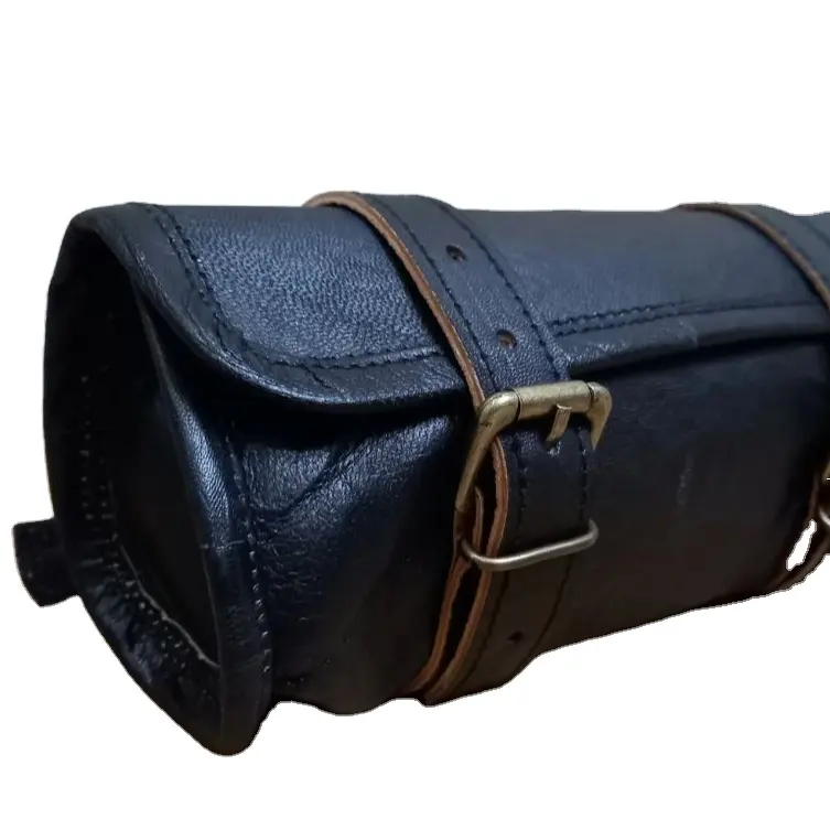 حقيبة أدوات دراجة نارية جلدية حقيبة سرج جلد أسود حقيبة دراجة نارية حقيبة جلدية صغيرة مستديرة للدراجة