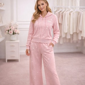 Conjunto de dos piezas de chándal rosa de moda con pedrería, transpirable, sudadera con capucha oversize y pantalones acampanados, proveedor OEM personalizado - Product Image 5