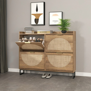 Meuble à chaussures en bois avec tiroirs rabattables, rangement dissimulé pour chaussures, design moderne, pieds en métal, meuble de salon - Product Image 2