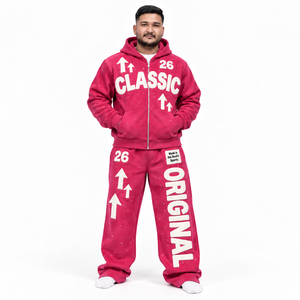 Survêtement zippé en molleton délavé personnalisé pour homme avec veste à capuche à lettres appliquées, pantalon ample, étiquette personnalisée, vêtements streetwear robustes - Product Image 3