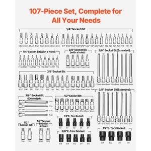 Set di 107 Pezzi di Chiavi a Bussola SAE e Metriche, Profonde, da 1/4 di Pollice, in Acciaio Legato S2 e Acciaio CrV, Esagonali/Torx/Torx Esterni/Antimanomissione/Estravagole - Product Image 3