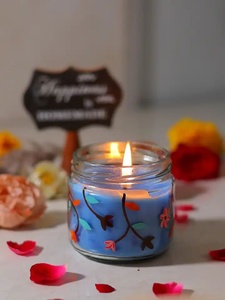 Bougie en verre à la cire de soja florale pour Diwali, écologique, décorative, bleue, pour la maison et les cadeaux, Halloween et Noël - Product Image 3