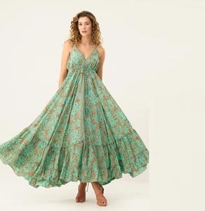 Vestido largo bohemio sin mangas con cuello en V y espalda descubierta para mujer, vestido largo de verano para la playa con dobladillo con volantes, varios colores - Product Image 1