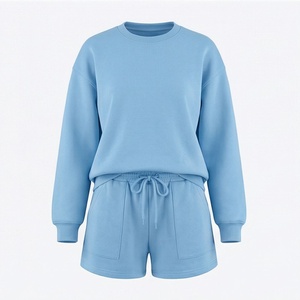 Conjunto de 2 Piezas para Mujer, Sudadera y Pantalones Cortos de Punto Azul Sólido, Cuello Redondo, Corte Holgado, Estilo Casual, Largo por Encima de la Rodilla, Primavera Verano - Product Image 1