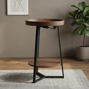 <b>Modern</b> Round Wood Side Table with Metal Legs and Storage <b>Shelf</b> Living Room Furniture with charging socket - Product Image 2