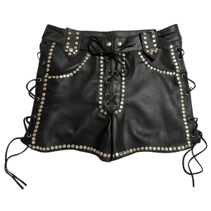 High Waist Black studded <b>Leather</b> Shorts With Rivet Details Lace-Up Front Moto Biker Style Women's Short Skirt - Product Image 2