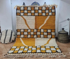 Alfombra Marroquí Anudada a Mano de Lana Blanca y Amarilla con Flecos, Geométrica, Antideslizante, Ecológica, para Sala de Estar, Niños, Oficina, Hotel - Product Image 1