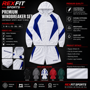 REXFIT SPORTS 2026 ชุดเสื้อแจ็คเก็ตกันลมและกางเกงขาสั้นโพลีเอสเตอร์สำหรับผู้ชายแบบกำหนดเอง ชุดกีฬาทีมวิ่งออกกำลังกายแบบมีฮู้ดน้ำหนักเบา - Product Image 1