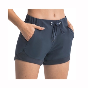 Women's Navy Blue <b>Drawstring</b> Shorts With Pockets Mid Waist Breathable Knitted Athletic Workout Shorts Casual Style - Product Image 1
