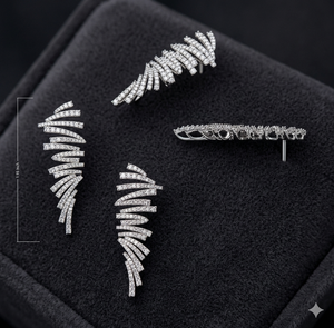 White Gold Feather <b>Ear</b> Climber <b>Earrings</b> with Lab Grown Diamonds | Designer <b>Ear</b> <b>Cuff</b> Jewelry | OEM ODM Manufacturer - Product Image 2