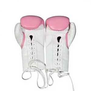 No Boxing No Life <b>Lace</b>-Up Training Gloves <b>Pink</b> White Leather Full Finger Adult Boxing Gear - Product Image 3