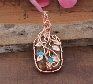 Pendentif vintage fait main en forme de feuille, serti de fils, plaqué platine, argent sterling 925, pierre précieuse en cuivre bleu, unisexe - Product Image 5