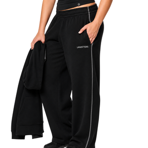 Women <b>Black</b> Wide Leg Fleece Sweatpants Elastic Waist Loose Fit Casual Winter Lounge <b>Trousers</b> <b>with</b> Side <b>Pockets</b> - Product Image 1