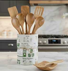 Juego de utensilios de cocina de madera ecológicos con mango largo chapado en oro rosa, diseño moderno, espátula, cuchara, volteador y cucharón antiadherentes, venta al por mayor - Product Image 3