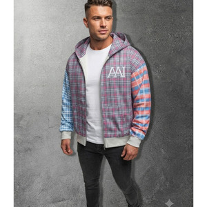 Chaqueta a cuadros con bloques de color y logotipo personalizado, sudaderas con capucha personalizadas al por mayor, top informal de felpa francesa suave de 350 GSM, moda urbana de EE. UU. - Product Image 1
