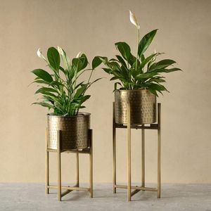 Pot de fleurs de luxe en métal martelé doré avec support – Vente en gros de pots de plantes modernes en laiton et fer avec support pour décoration intérieure - Product Image 1