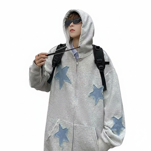 Sweat à capuche zippé surdimensionné personnalisé Y2K avec patch étoile, style streetwear vintage, en coton épais, coupe ample - Product Image 3