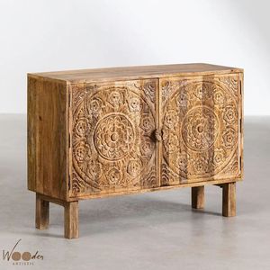 Carved Mango Wood <b>Sideboard</b> Wooden Cabinet Brown Buffet <b>Storage</b> Console for Living Room Bedroom Home Office - Product Image 1