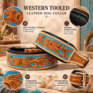 Collar de Perro de Cuero Repujado Estilo Western Artesanal con Diseño Floral Turquesa |   Collar Ajustable Acolchado para Mascotas con Hebilla Metálica para Perros - Product Image 5
