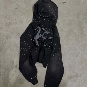 Custom Red Rhinestone <b>Zip</b> Up Hoodie Heavyweight Oversized Streetwear Distressed Applique Embroidery Men Luxury Full <b>Zip</b> <b>Hooded</b> S - Product Image 5