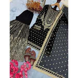 Conjunto de Traje de Diseñador para Mujer, Top de Georgette Sintética Pesada con Pantalones Palazzo y Dupatta para un Look de Fiesta - Product Image 3