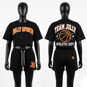 Conjunto de Top Corto y Pantalones Cortos de Felpa de Algodón Premium de 240 GSM para Mujer, Negro con Estampado de Naranja, Logotipo Personalizado, Camiseta y Pantalones Cortos 100% Algodón - Product Image 1