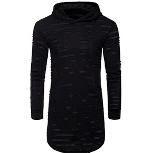 High Quality Vintage Men Distressed Hoodie Breathable Blank Streetwear Winter Distress Cut Out Pullover Elongated Hoodies - Product Image 5